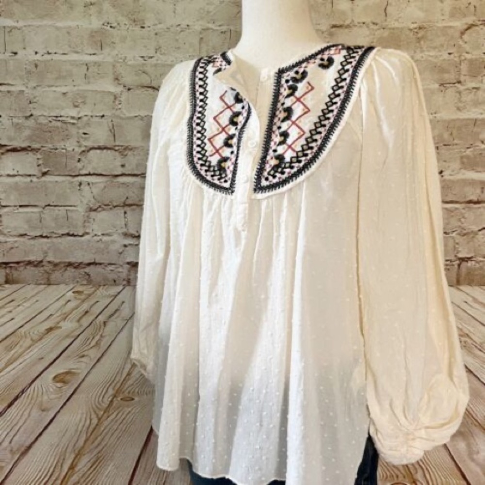 Max Studio XS cream embroidered bib peasant top